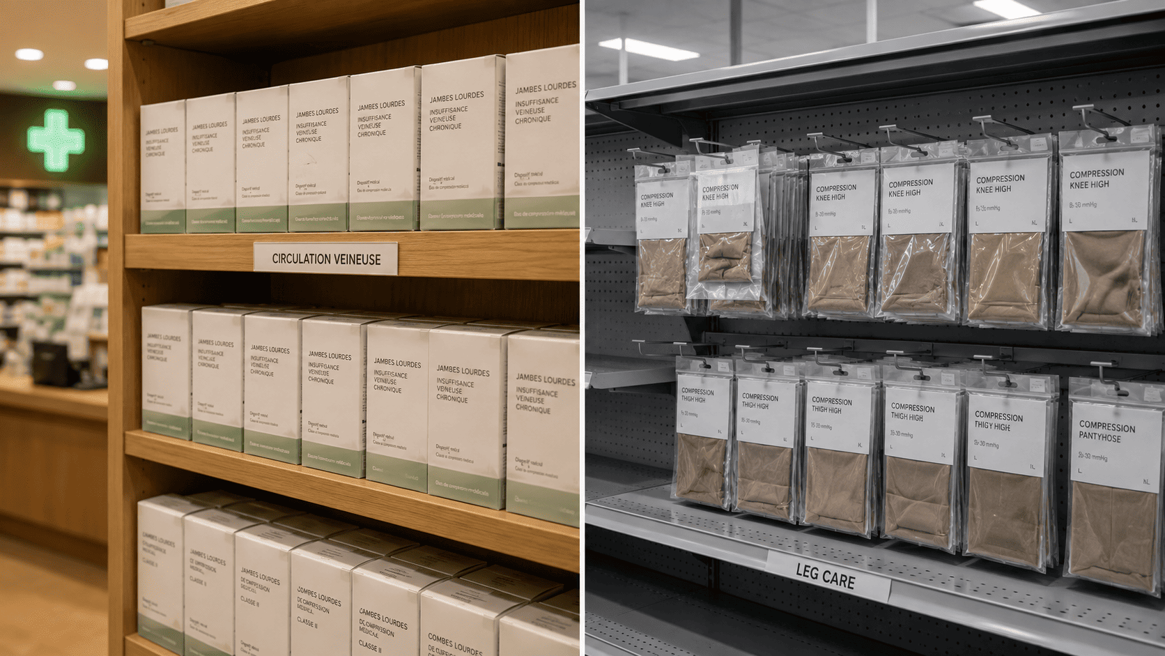 A pharmacy in France and a drugstore in the US
